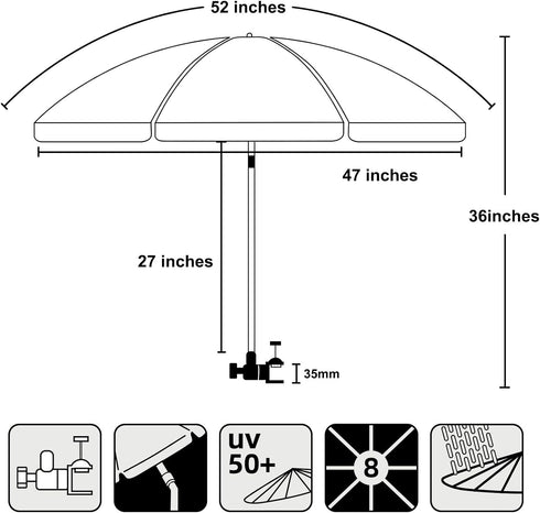 AMMSUN 47 inches 360-degree 50+, XL Chair Umbrella with Universal Clamp Adjustable and Swivel UPF Portable Clamp on