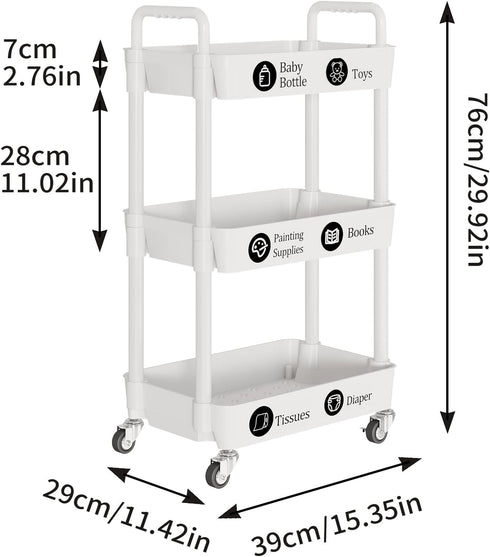 3-Tier Laiensia Rolling Cart with Wheels,Multifunction Utility Storage Carts, Kitchen Storage Organizer,Mobile Shelving