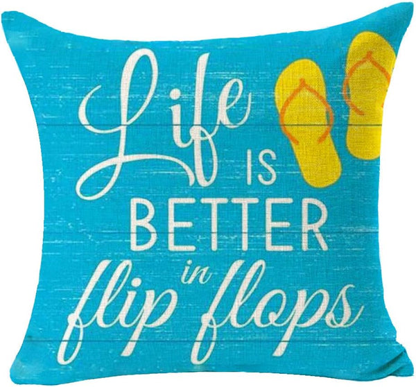Bnitoam Summer Beach Phrases Cotton Linen Square Decorative Throw Pillow Cover, 18 x 18 inch, for Sofa Bed Couch