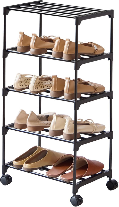 LUCKY OCEAN 5-Tier Small Shoe Rack with Wheels, Slide-Out Metal Shoe Racks Storage, Anti-Rust
