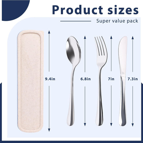 HANSGO 3PCS Portable Utensils Set with Case, Travel Cutlery Set Stainless Steel Utensils Reusable Silverware for Lunch Camping School Picnic Office Dishwasher Safe Beige by HANSGO