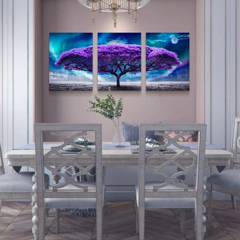 Canvas Wall Art for Living Room, Boho Decor for Bedroom, Aurora Purple Tree Scenery Painting, 12" X 16" 3 Piece