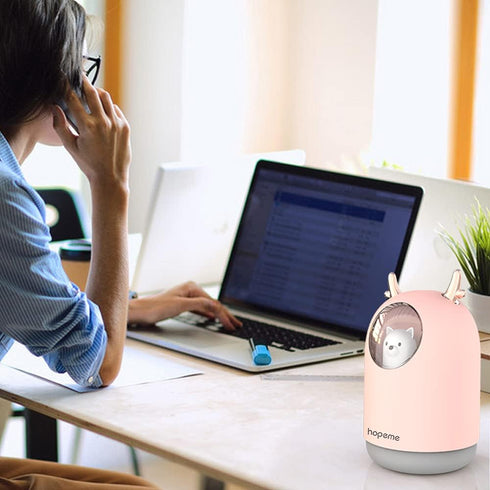 Cute Pet Humidifier with 300ml Water Tank, 10 Hours, 7 Color LED Lights, Auto Shut-off (Pink)