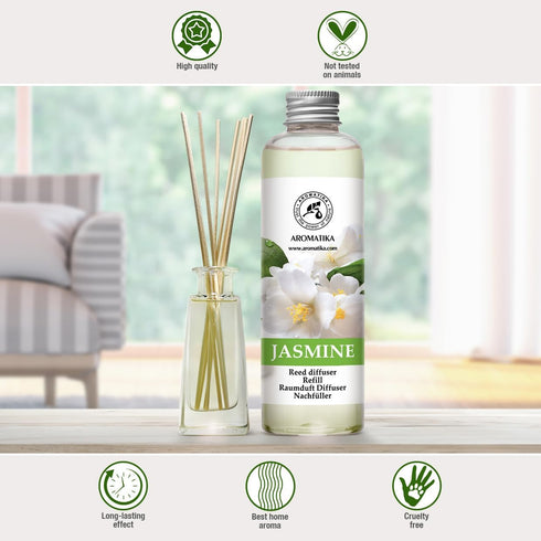 AROMATIKA Jasmine Essential Oil 200ml - Natural Reed Diffuser Refill for Long-Lasting Fragrance