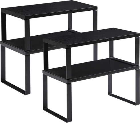 YMYNY Cabinet Shelf Organizer, Extendable Spice Racks Set of 4, Stackable Wood Cupboard Organizer, Black