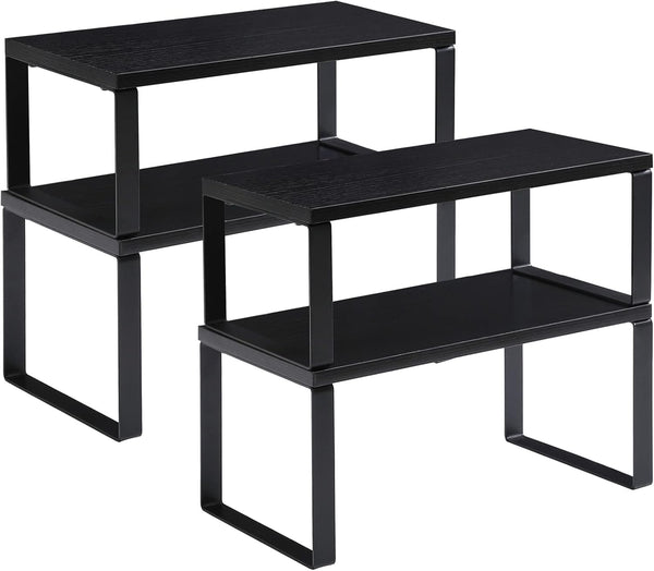 YMYNY Cabinet Shelf Organizer, Extendable Spice Racks Set of 4, Stackable Wood Cupboard Organizer, Black