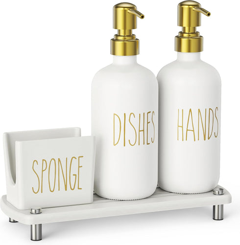 Set Set Cisily Kitchen Soap Dispenser Comes with Ceramics Sponge Holder, Gold Pumps, and Instant Dry Tray, Hand