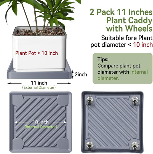UoeRing 2 Pack-Square 11 Inch $9.9 Plant Caddy with Hidden Wheels Heavy Duty Rolling Plant Stands Indoor Outdoor Plant