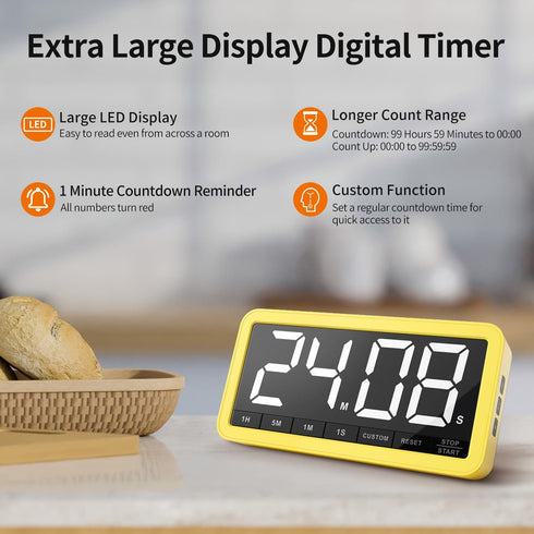 7.8 3 4 3 Countdown Count VOCOO Digital Kitchen Timer with Extra Large Display, Magnetic, Brightness, Alarms and Volume