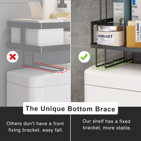 Over The Toilet Storage Shelf, 3-Tier Bathroom Organizer, Upgrade Punch-Free Storage Rack with Hooks, Black