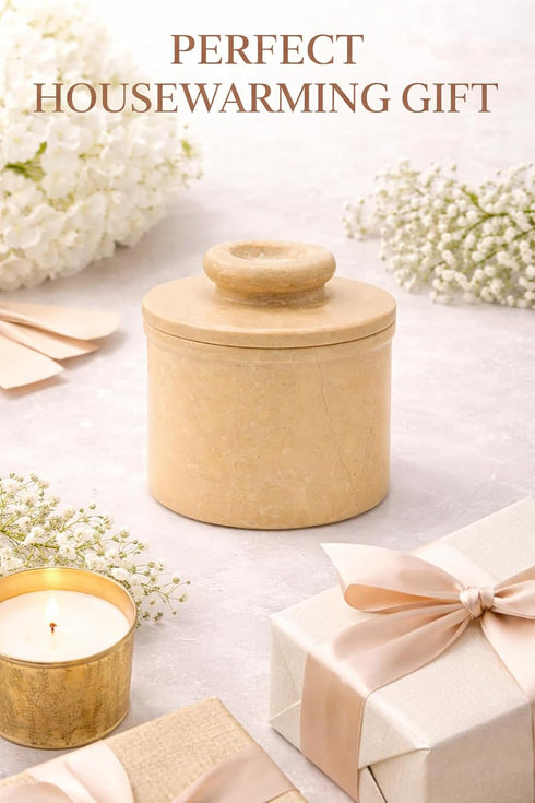 4" 90ml/3oz Verona Marble Butter Keeper - French Butter Crock with Lid - Freezer Safe Stone Butter Dish - Capacity