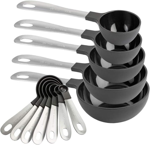 COOK WITH COLOR 12 PC Measuring Cups and Spoon Set, Stainless Steel Handles, Nesting Kitchen Liquid Measuring Set, Black