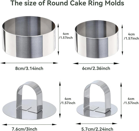 Uncle Jack 4 Pieces Round Cake Ring Molds - Stainless Steel Cake Ring Mold with Pusher for Baking Pastry, Mousse