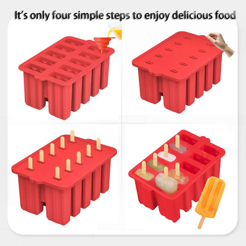 Silicone Popsicle Molds, 10 Cavity BPA-Free Red Cone Shaped Food Preparation Molds with Sticks and Funnel