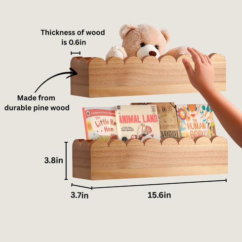 Set 2 15.6inch Scalloped Shelves - of Pre-Assembled Floating Nursery Book Shelves, Scalloped Book Shelf - Kids Wall
