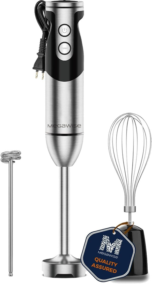 MegaWise Pro Titanium Reinforced 3-in-1 Immersion Hand Blender, 12-Speed Corded Blender with Whisk and Milk Frother