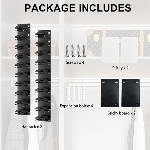 G GENLEAS 2 Pack Hat Organizer for Baseball Caps, Wall Rack with Strong Adhesive, Black