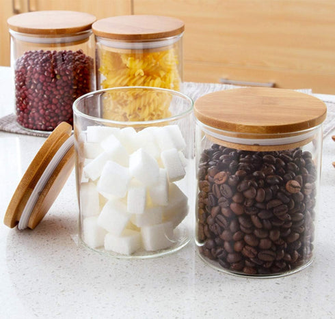 Lawei 4 Pack Glass Storage Jars with Airtight Bamboo Lids, 18.6 OZ Clear Glass Kitchen Canisters