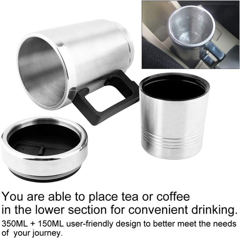 Travel Kettle for Car, 500ml Fast Boil Electric Kettle, Stainless Steel Thermal Heated Mug for Tea, Coffee, 12V