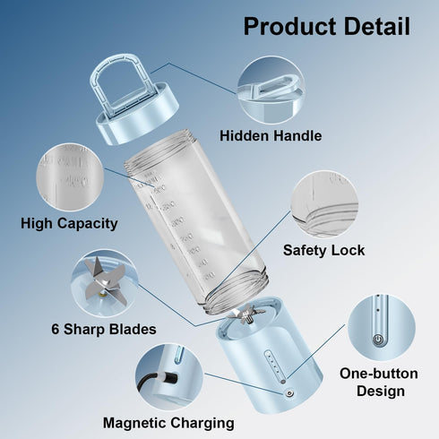 Portable Personal Blender for Fresh Juice, Shakes, and Smoothies - 16 Oz Mini Blender Cup with 6 Blades, USB