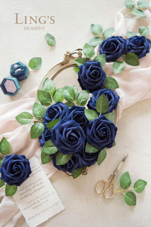 Ling's Moment 50Pcs Navy Blue Roses Artificial Flowers Decor w/Stems, 3" Real Touch Foam for Wedding Bouquets,