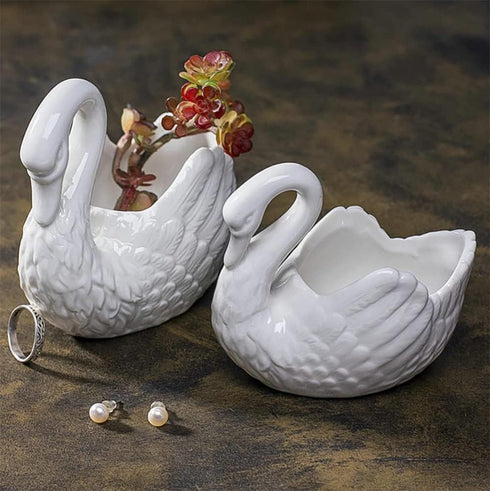 White Ceramic Swan Flowerpot, Medium Temperature Porcelain, Succulent Flowerpot, Pack of 2, Candle Holder