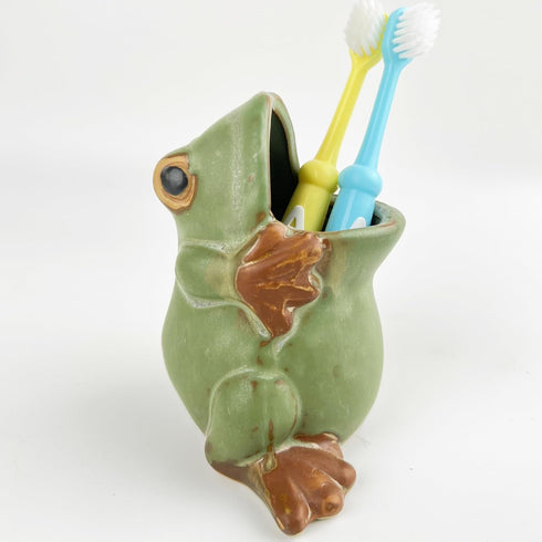 FlidRunest Kids Frogs Toothbrush Holder for Bathroom - Ceramic Animal Tooth Brush Holder Cup - Easy to Clean Toothbrush