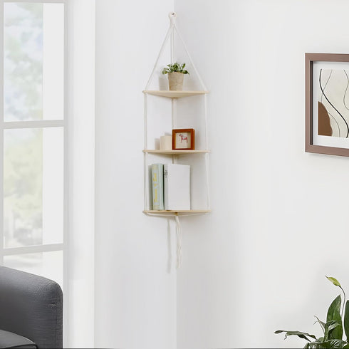 3 Artilady White Corner Floating Shelves Wall Hanging- Macrame Tier Corner Shelf Plant Wall Decor Boho Rustic Wooden