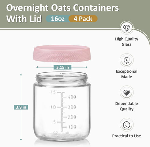 4-Pack Lids,16 OZ POIKSHARK Overnight Oats Containers with Wide Mouth Glass Jars with Airtight Lids, Mason Jars Glass