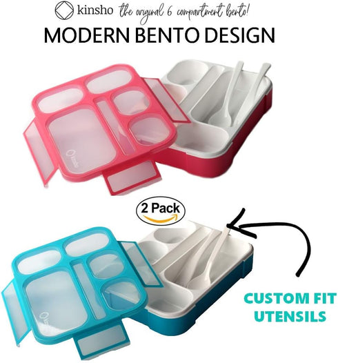 Bento Lunch Box Kids & Adult: Leakproof Containers for Boys & Girls with 6 Compartments - School, Daycare, Meal Planning Portion Control Container, BPA-Free Boxes, Utensils, Blue & Pink Set by kinsho
