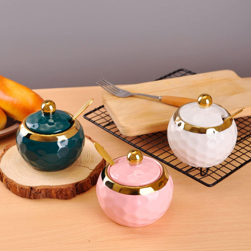 WHJY Ceramic Sugar Bowl with Lid and Spoon, Golf Design Porcelain Salt Container, Modern Spice Box for Kitchen - White