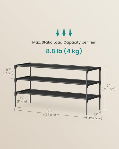 3-Tier 11.7 36.1 21 Inches, ULSH033BH01 SONGMICS Shoe Rack, Shoe Storage Organizer, Space-Saving, x x Entryway, Metal