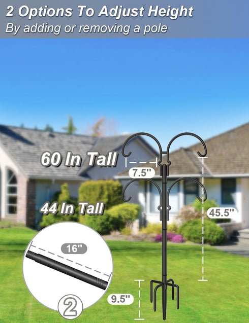 5 60 Inch Hummingbird 1 Pack Outdoor Double Shepherds Hook with Prong Base, Adjustable Heavy Duty Two Sided Bird Feeder