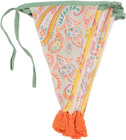 Talking Tables Yellow & Orange Boho Fabric Bunting with Tassels - 10ft | Triangle Flag Pennant Garland, 100% Cotton, Paisley Summer Party Decorations, Festival, Indoor Home Décor