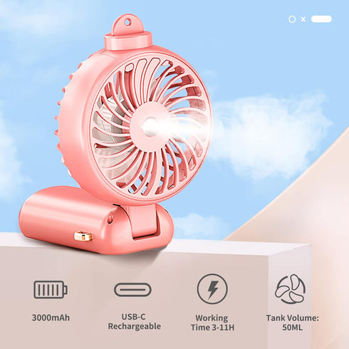 Handheld Fan Portable Misting Fan, Rechargeable Personal Mister with 5 Speeds, 3000mAh Battery, Pink
