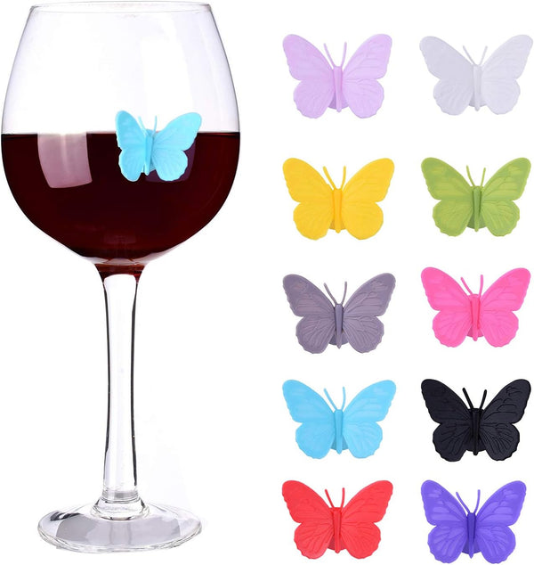 ALYC Wine Glass Markers Set of 10 Silicone Drink Charms & Tags with Suction Cup, Butterfly Assorted