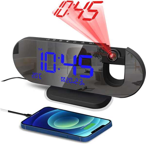 Projection Alarm Clock 2024 with 180° Rotatable Projector for Bedroom Ceiling, Clear LED Display and USB Charger