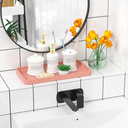 Bathroom Vanity Tray for Countertop - Bamboo Organizer Tray for Dresser Tops, Toilet, Perfume Small Decorative Tray Wood Tray for Home Decoration 11.81” L x 6.1” W x 0.79” H (Pink) by Weenson