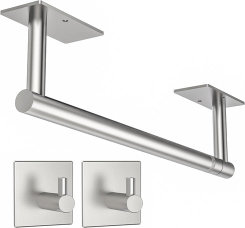 Paper Towel Holder Under Cabinet, SUS304 Stainless Steel, Self Adhesive or Wall Mounted (2 Towel Hooks, Silver)