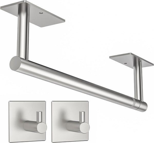 Paper Towel Holder Under Cabinet, SUS304 Stainless Steel, Self Adhesive or Wall Mounted (2 Towel Hooks, Silver)