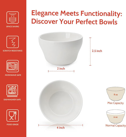 Sweese Porcelain Bouillon Cups, 8 Ounce Small Dessert Bowls, Set of 6, Microwave and Dishwasher Safe, White