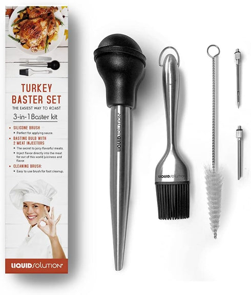 Liquid Solution Turkey Baster 5 Piece Set, Includes Baster, Basting Brush, Flavor Injector for Cooking and Barbecue