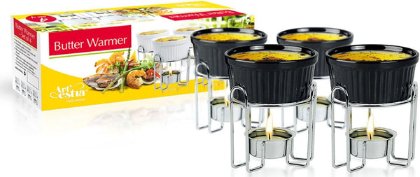 Artestia 4-Piece Ceramic Butter Warmers Set with Tea Light Candles, Black - Dishwasher, Microwave, Oven Safe