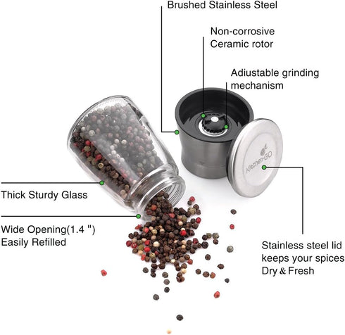 Pepper Grinder or Pepper Mill - Manual Salt Grinder Refillable with Adjustable Coarseness