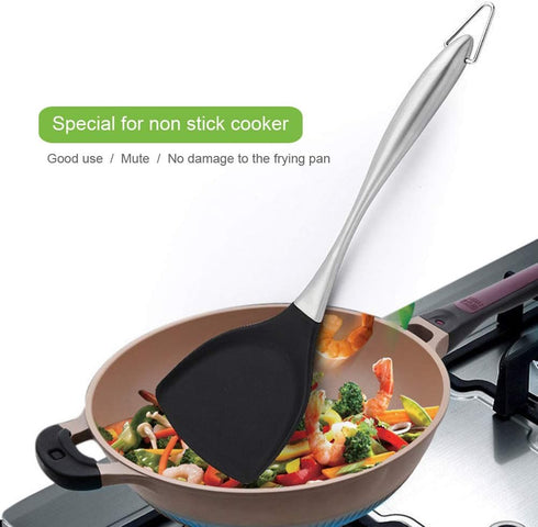 Honglida Premium Silicone Wok Turner - BPA Free Spatula with Stainless Steel Handle (Black)