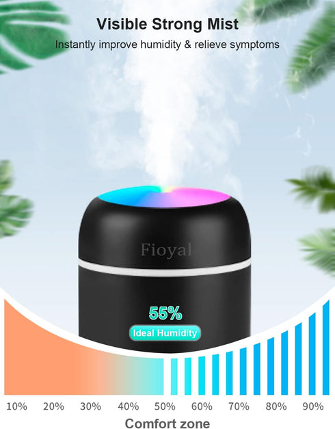 Fioyal Portable Mini Humidifier, RGB Light Small Humidifiers for Bedroom, Car, Desktop, 2 Cool Mist Modes