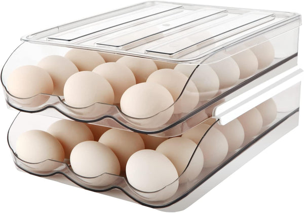 Egg Holder, Automatically Rolling Egg Storage Container for Refrigerator, Large Capacity Organizer with Lid, Clear