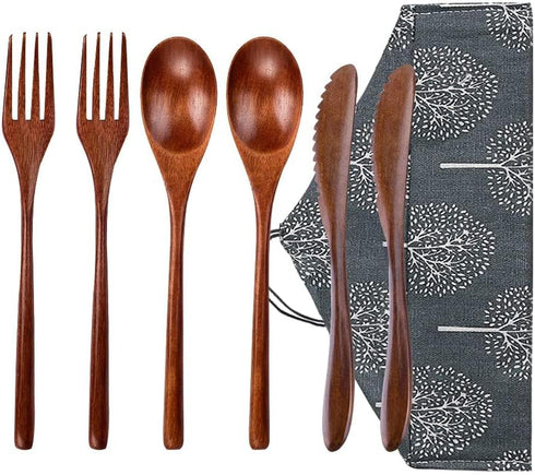 Portable Wooden Spoon Fork Knife Flatware Set with Case, Reusable Travel Utensils Set, 2 Spoons, 2 Forks, 2 Knives