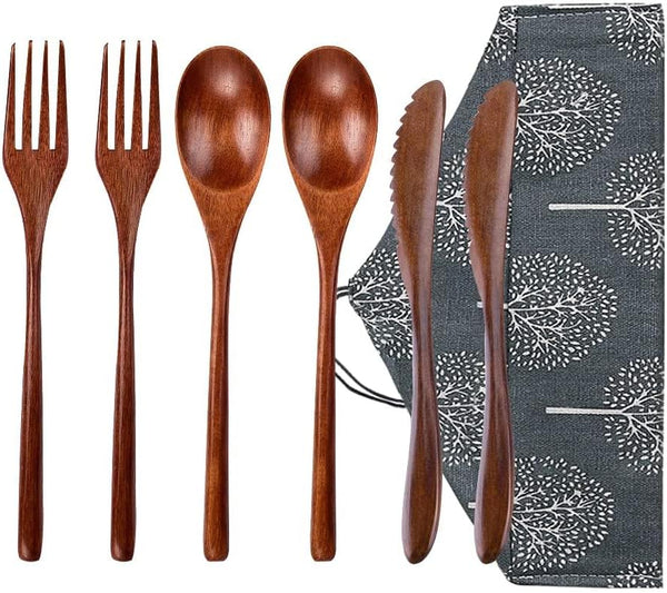 Portable Wooden Spoon Fork Knife Flatware Set with Case, Reusable Travel Utensils Set, 2 Spoons, 2 Forks, 2 Knives