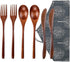 Portable Wooden Spoon Fork Knife Flatware Set with Case, Reusable Travel Utensils Set, 2 Spoons, 2 Forks, 2 Knives